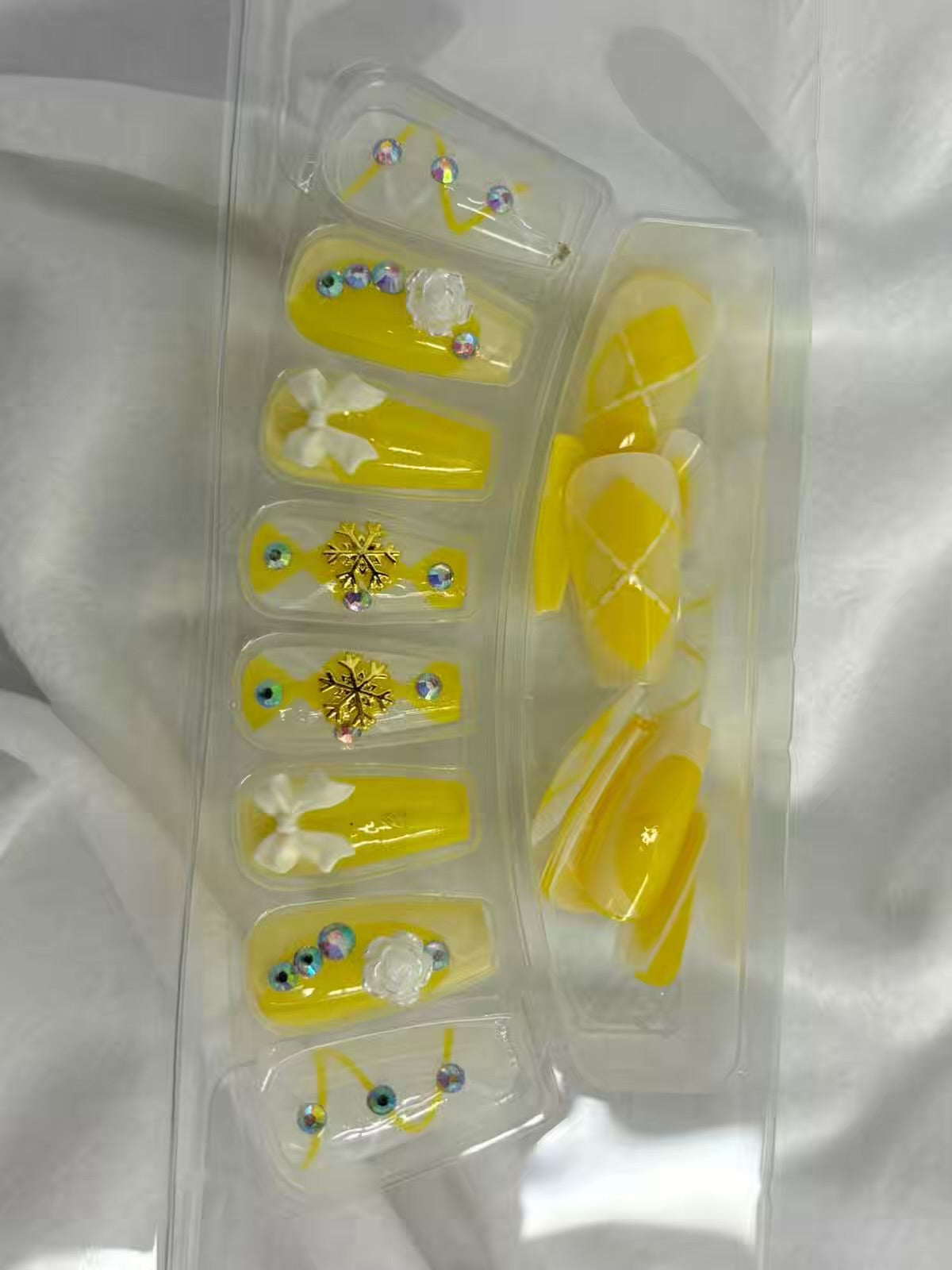 Yellow White Bow French Shimmery Fancy Party Bridal Press On Nails ( Set of 24 )