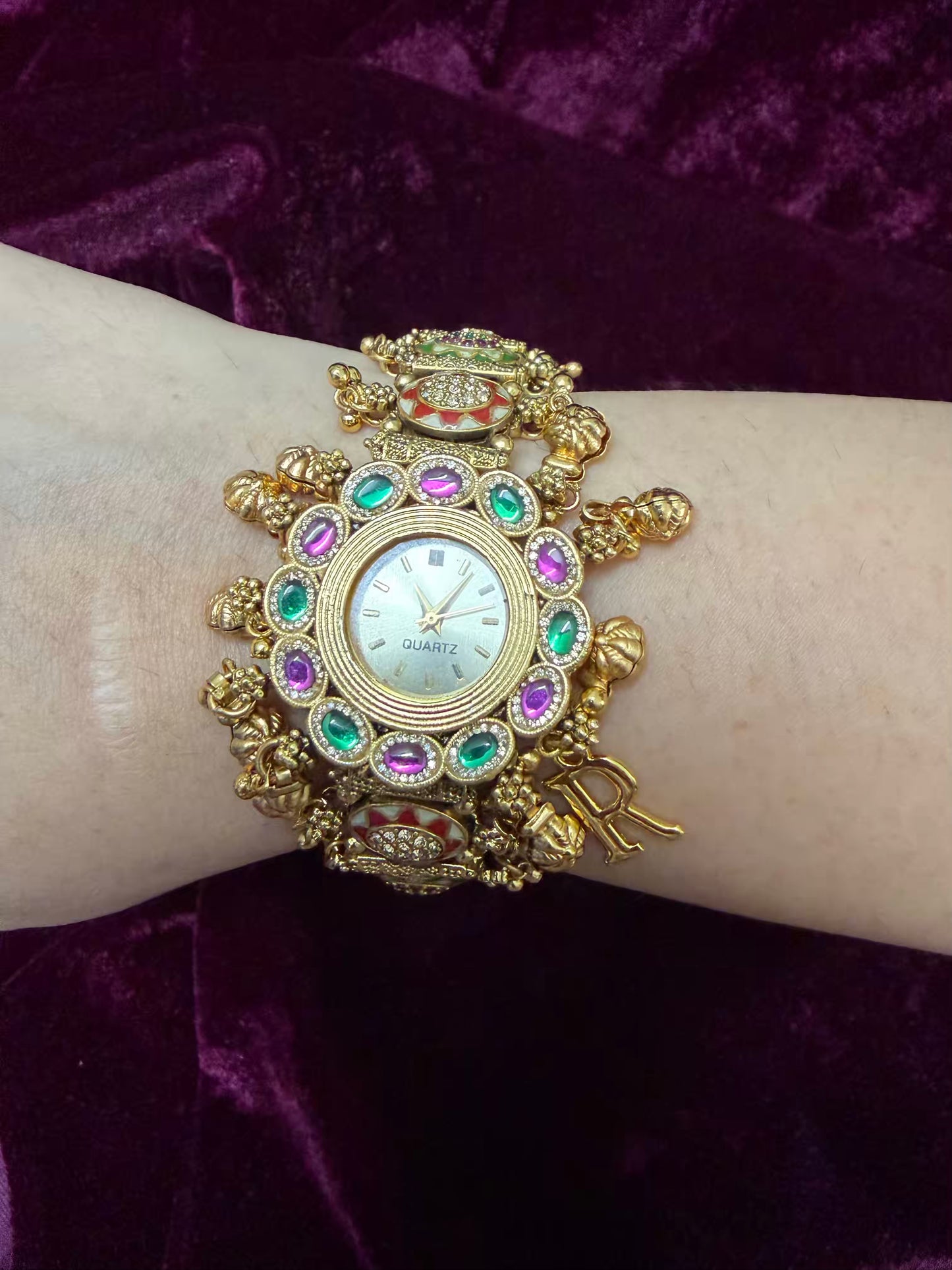 Premium Meenakari Lavender Emerald Heritage Watch Rakhi with Pastel Enamel (Free Initial)