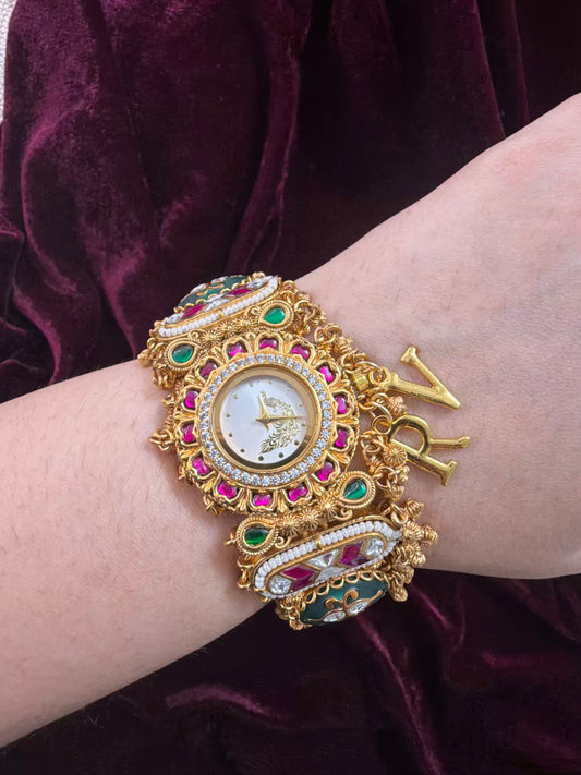 White Peacock Dial Maharani Kundan Watch Design Heritage Bracelet