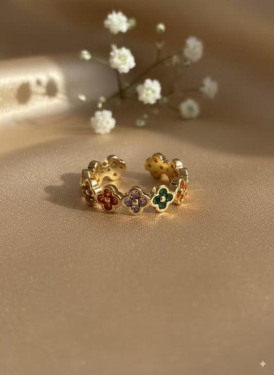 Clover Colourful Gold Plated Premium Ring (Adjustable)
