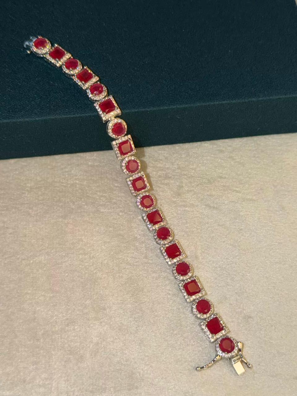 Square Round Shaped Red Ruby Doublet Silver Plated Tennis Bracelet