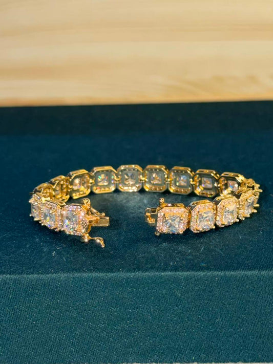 White Square Shape Sequence Stones Gold Plated Tennis Bracelet