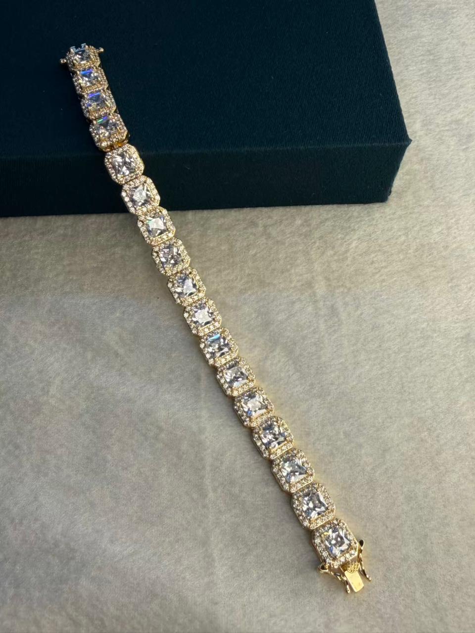 White Square Shape Sequence Stones Gold Plated Tennis Bracelet