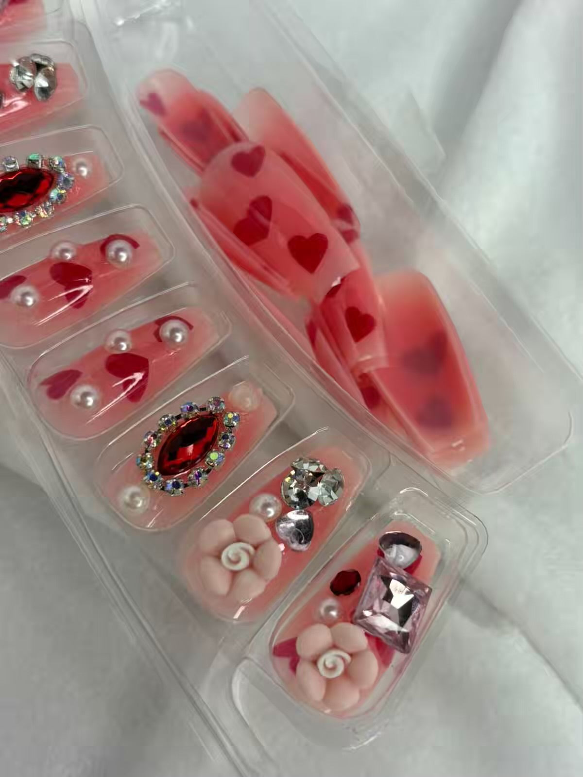 Pink Hearts Ruby Stone Shimmery Fancy Party Bridal Press On Nails ( Set of 24 )