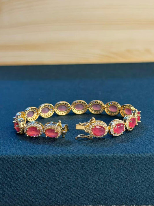 Round Oval Red Ruby Doublet Gold Plated Tennis Bracelet