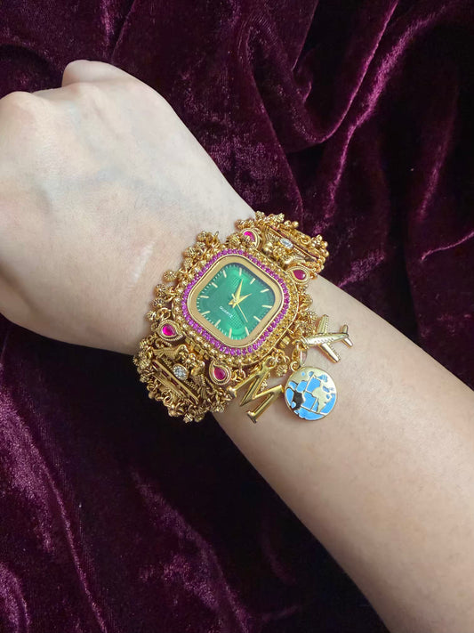 Green Square Dial Maharani Watch Heritage Bracelet with Airplane