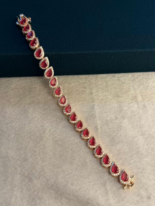 Red Ruby Drop Shape Rose Gold Plated Tennis Bracelet