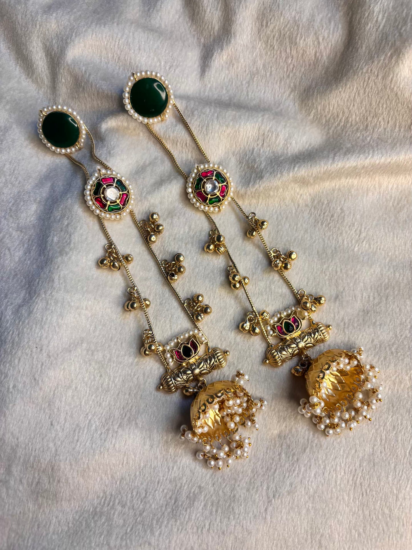 Emerald Green Long Loaded Jhumkas No Kashmiri Brass Premium Plated Ghungroo Earrings ( FLAT 15% off At Cart )