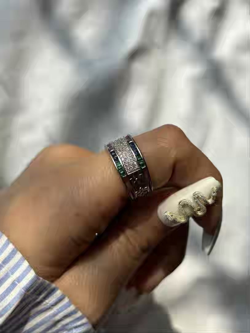 Premium Multicoloured Diamonds Band Ring ( Silver ) - Adjustable