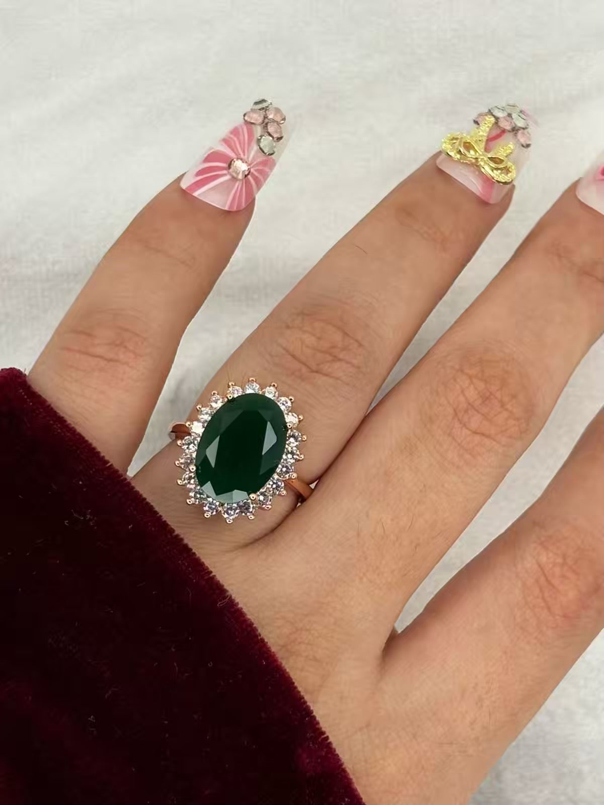Princess Green Emerald Solitaire Adjustable Ring ( Rose Gold)