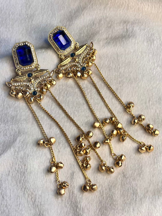 Blue Sapphire Kashmiri Brass Premium Plated Ghungroo Earrings