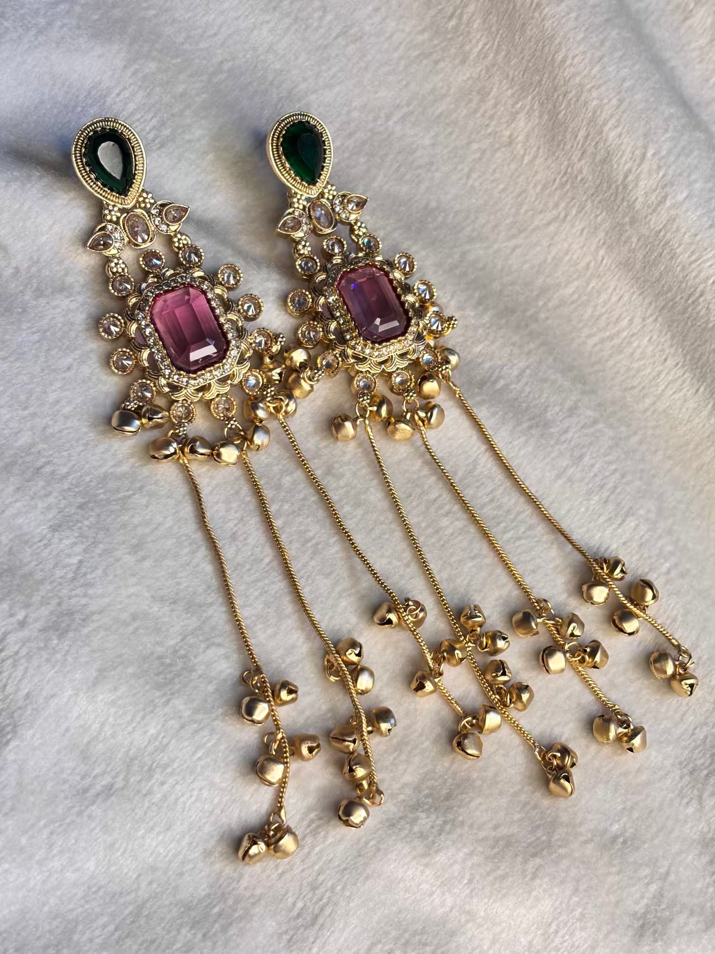 Pink Green Emerald Kashmiri Brass Premium Plated Ghungroo Earrings