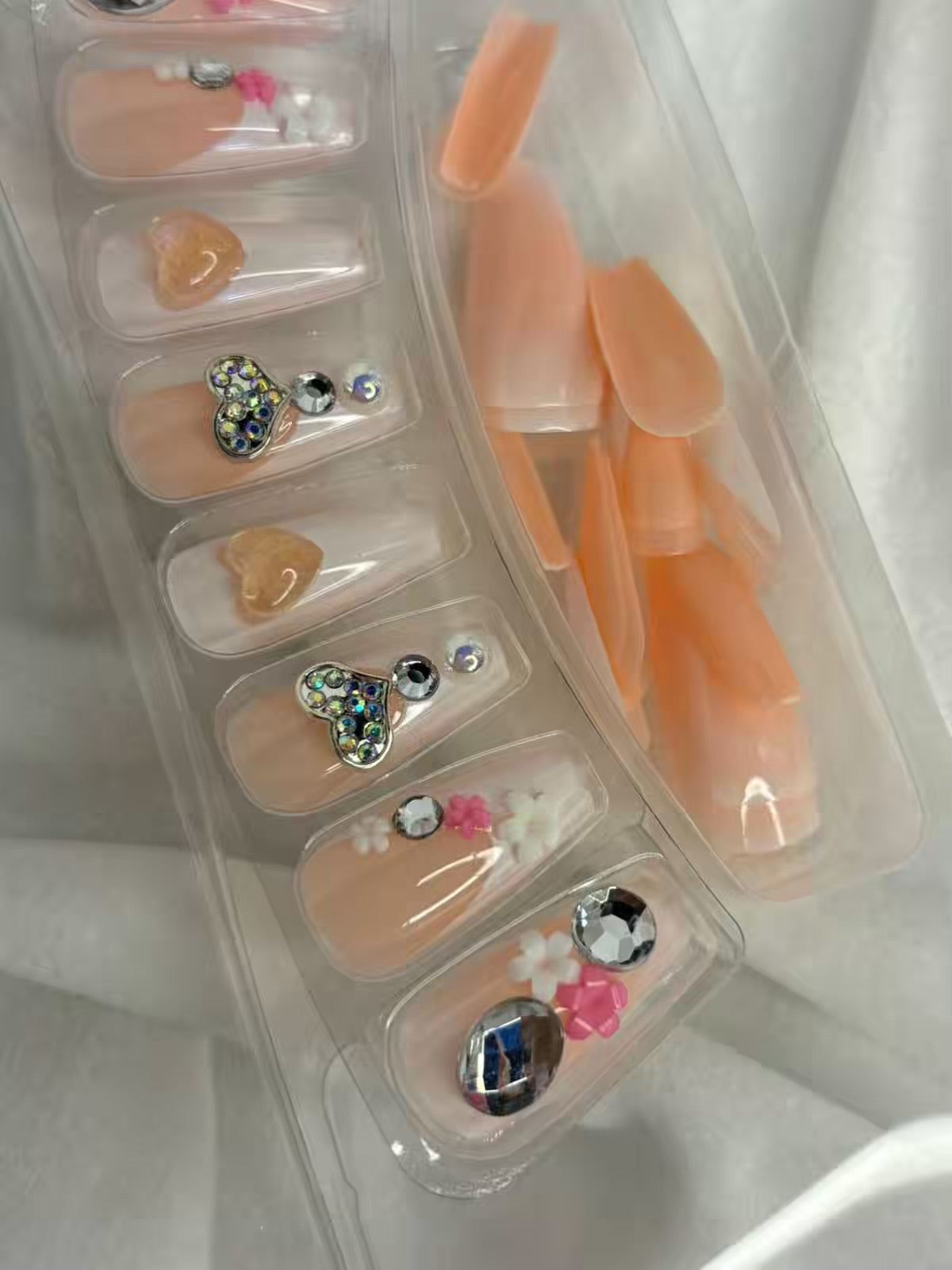 White Nude Peach Hearts Shimmery Fancy Party Bridal Press On Nails ( Set of 24 ) guy
