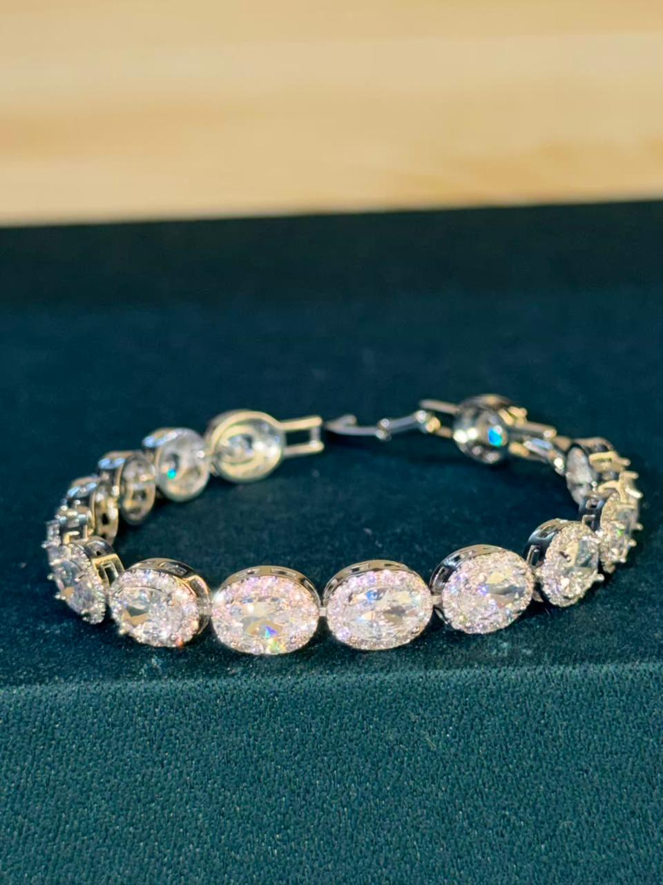 White Oval shaped Silver Plated Tennis Bracelet