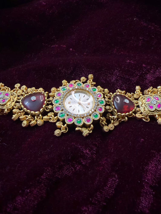 Marroon Green Premium Gold Rajwadi Gold Plated Heritage Maharani Watch