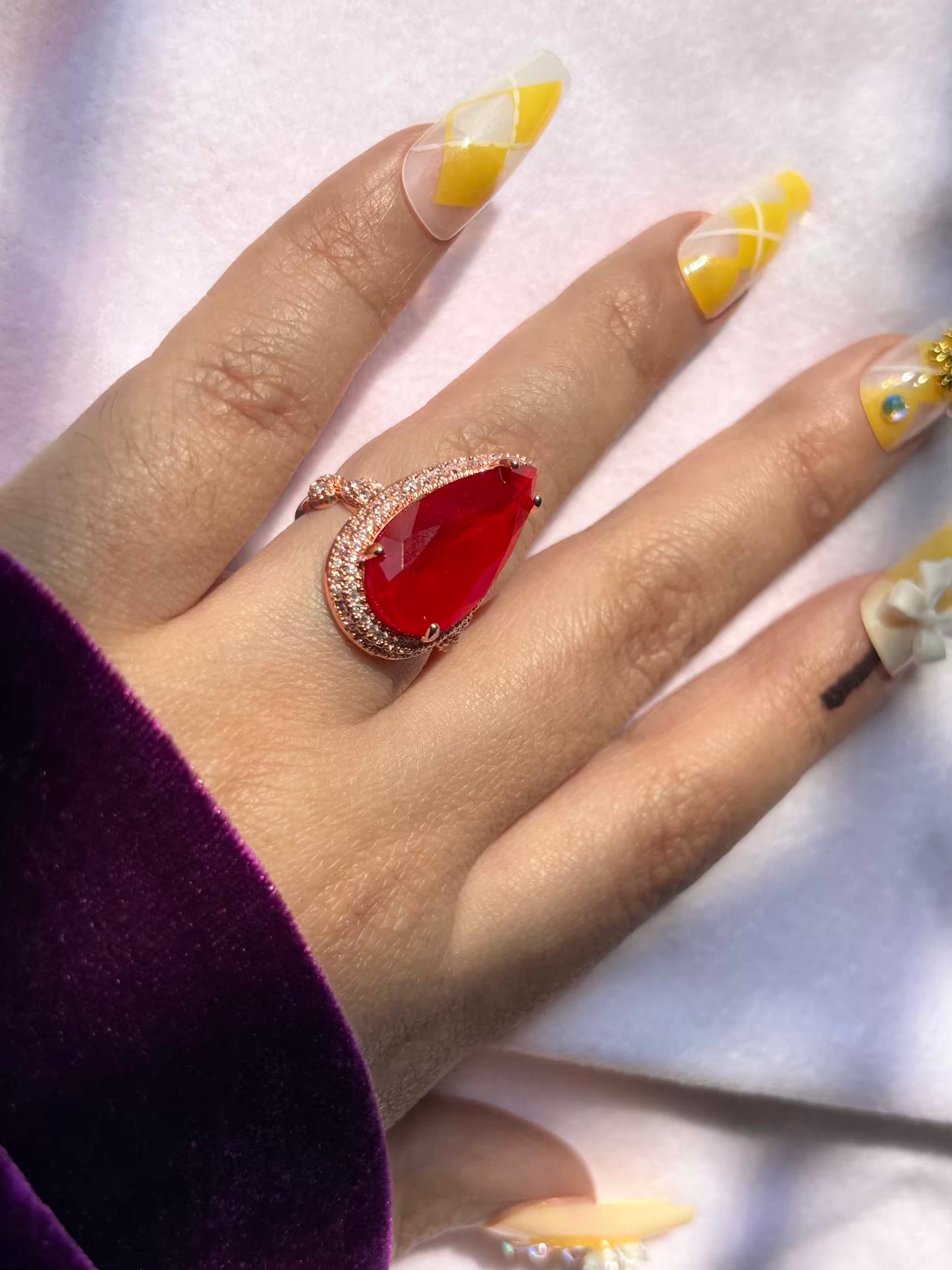 Long Drop Red Ruby Solitaire Ring ( Rose Gold ) - Adjustable