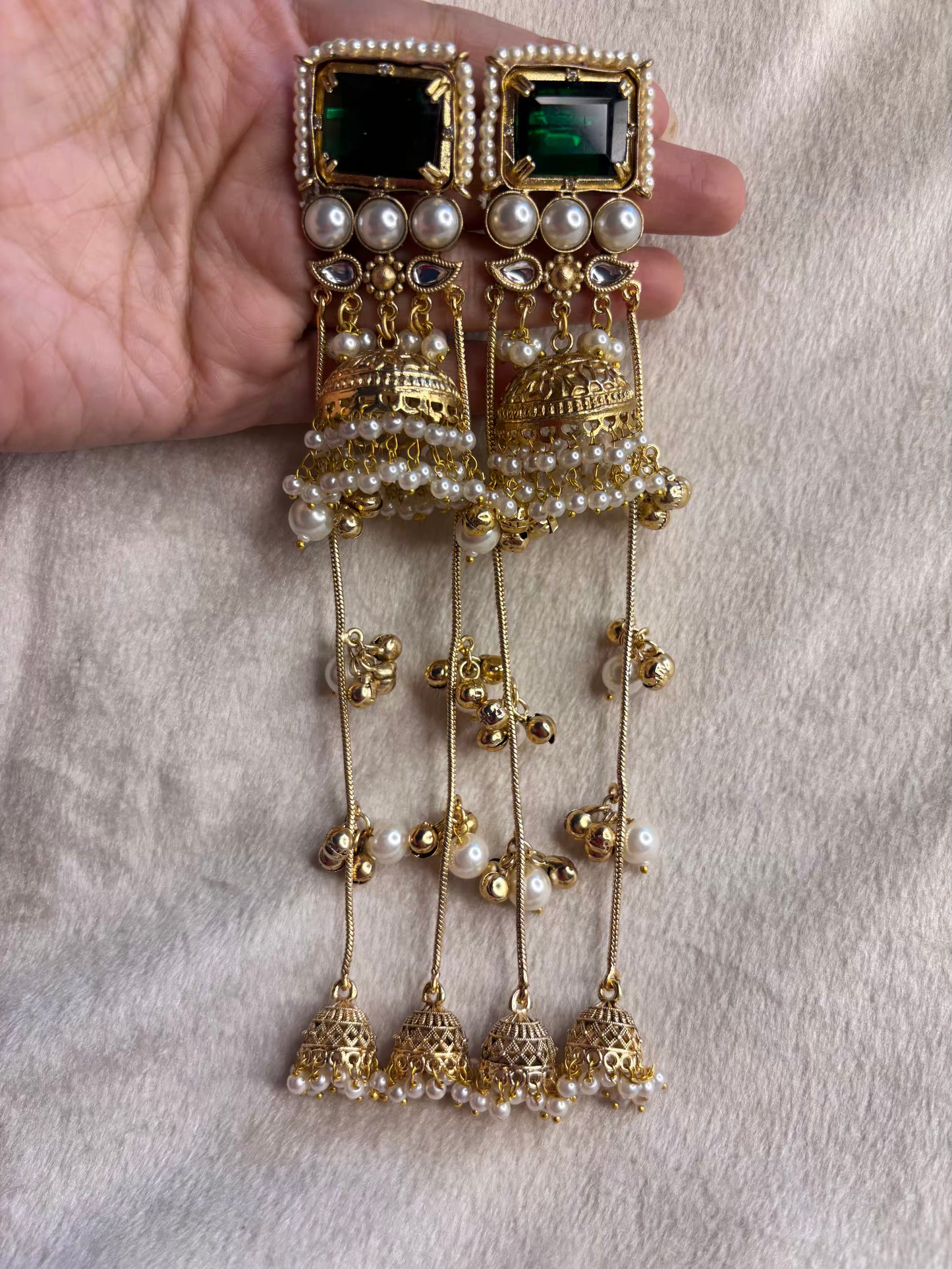 Emerald Green Red Ruby Loaded Jhumkas No Kashmiri Brass Premium Plated Ghungroo Earrings