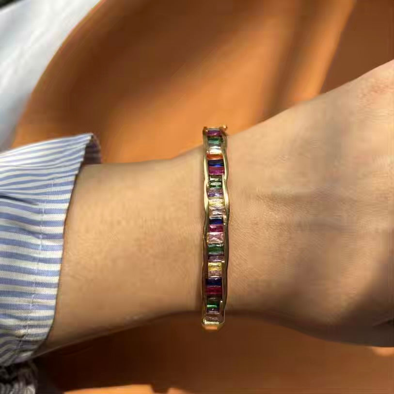 Belle Wavy Multicoloured Baguette Unique Stones Kadha Bracelet Bangle Gold