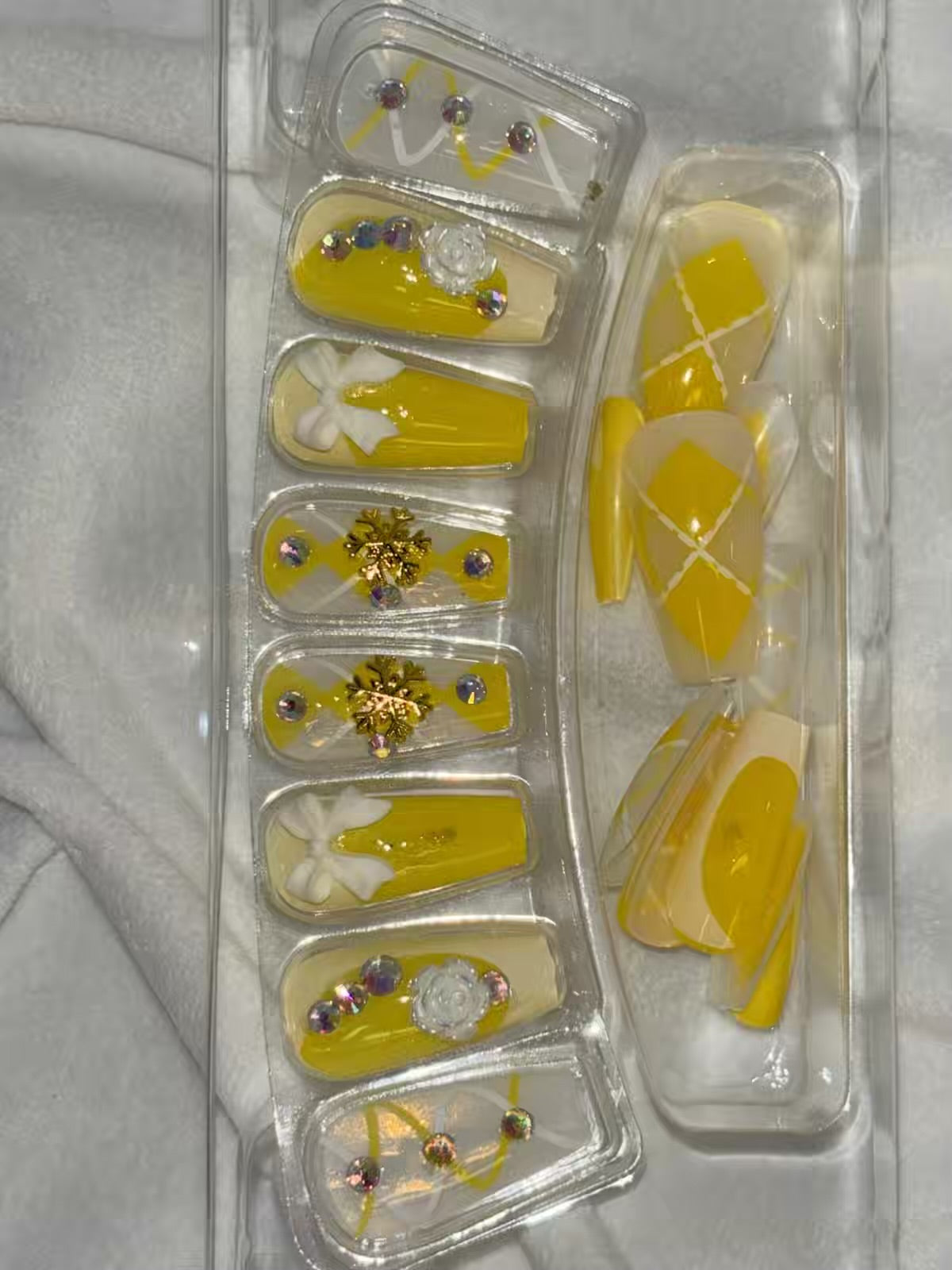 Yellow White Bow French Shimmery Fancy Party Bridal Press On Nails ( Set of 24 )