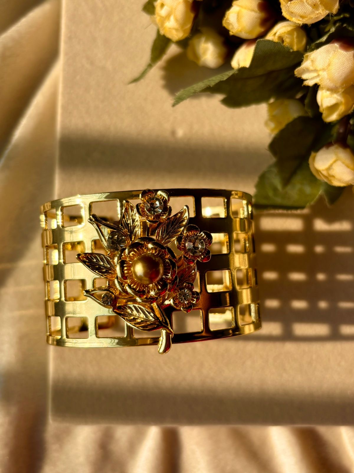 Cleopatra Gold Pearly Flower Kada Bracelet Bangle - Gold