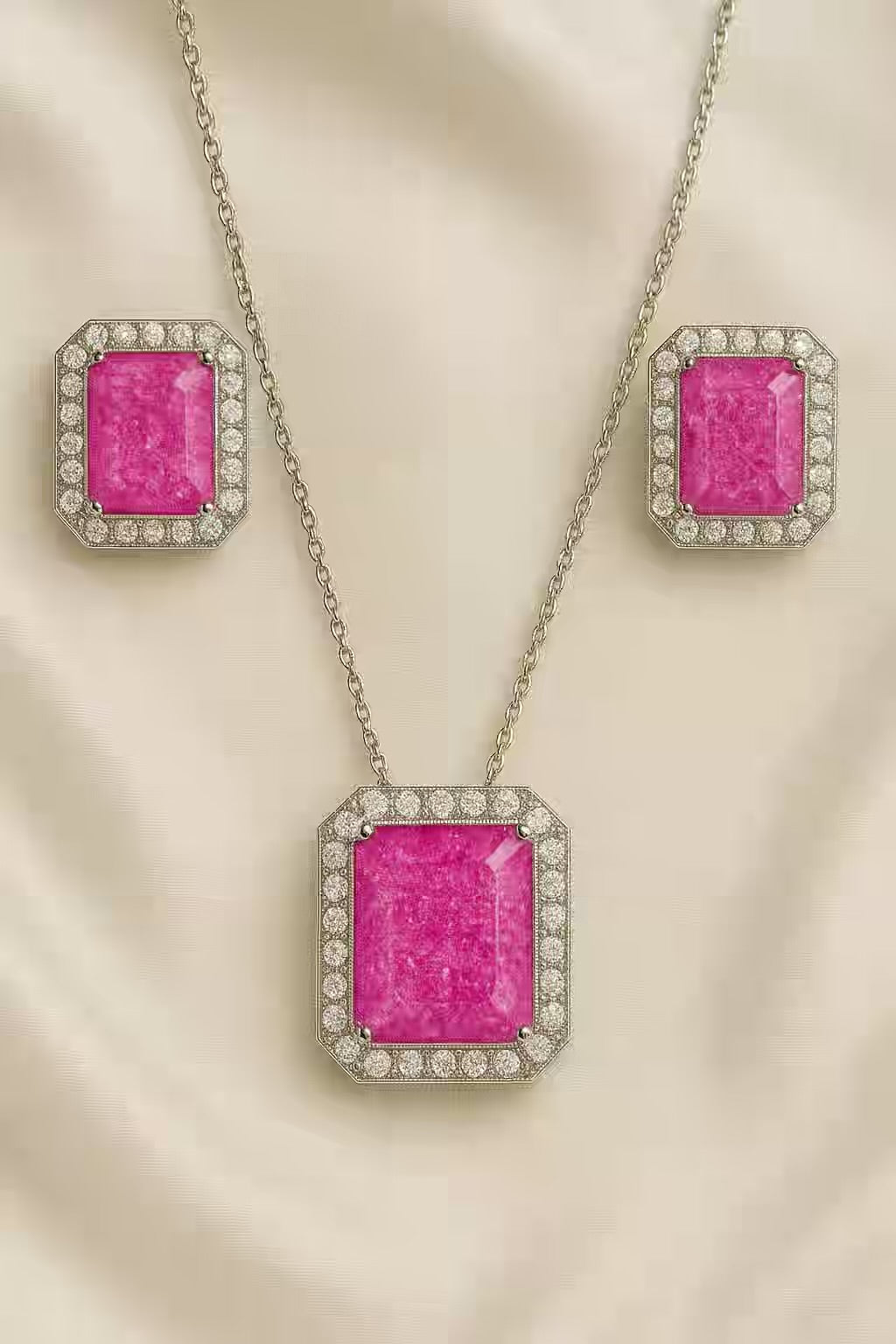 Fuschia Pink Milky Stones Diamond Necklace Ear Studs Set - Silver Plated