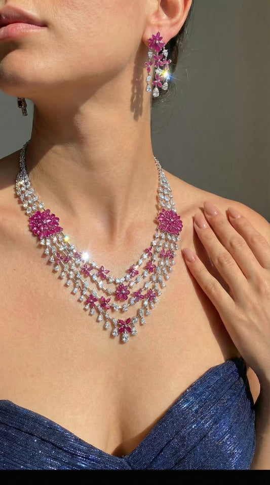 Floral Cascade Design Rhodium-Plated Silver Necklace Set with Ruby Pink Stones
