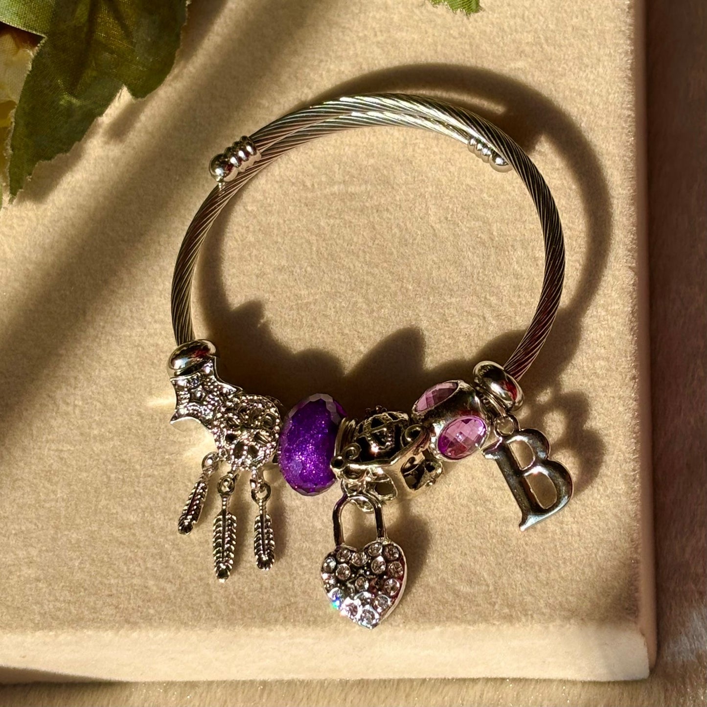 Pandora Style Purple Heart Dreamcatcher Charms Bracelet With Customised Initial ( Silver )