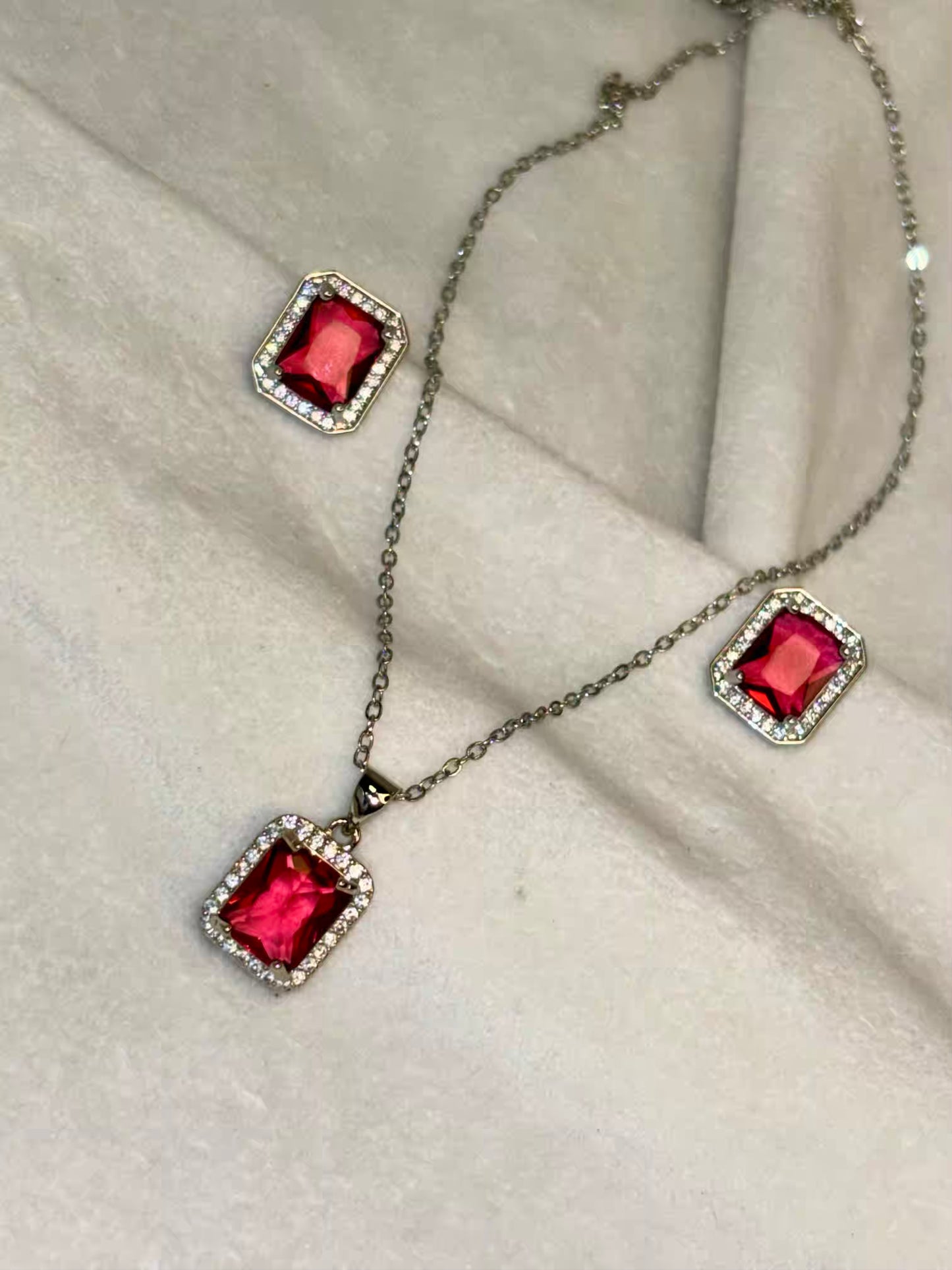 Red Pink Ruby Diamond Necklace Ear Studs Set - Silver Plated