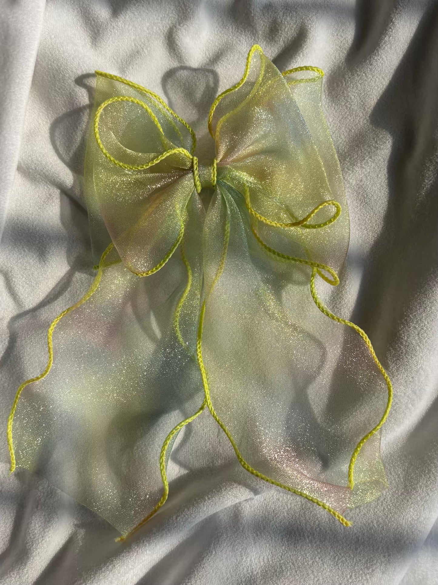 Lemon Yellow Rainbow Shade Layered Hair Bow Clip For Women -( Lace Textured )
