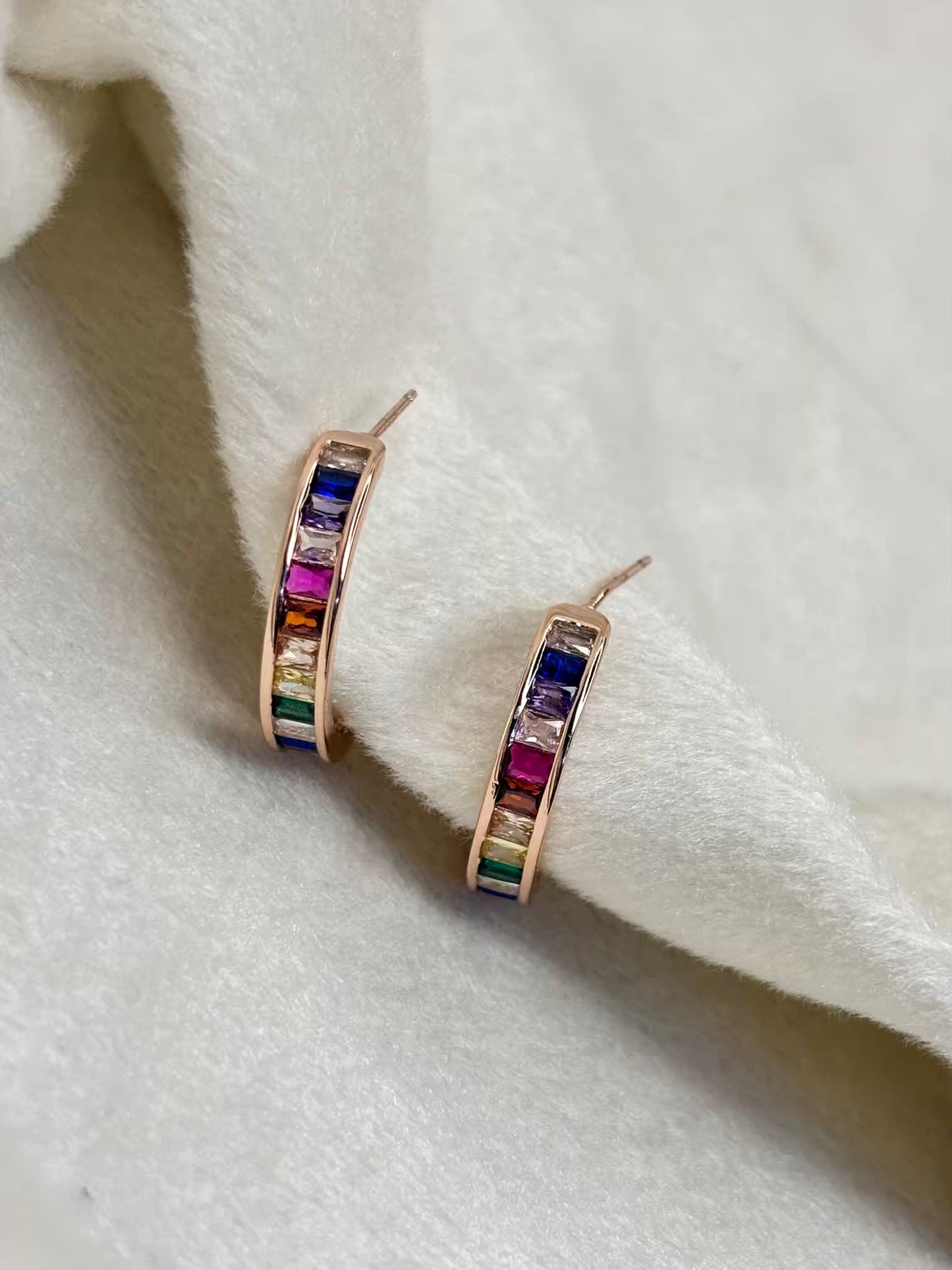 Multi Colourful Rainbow Huggies Earrings Studs - Rose Plated
