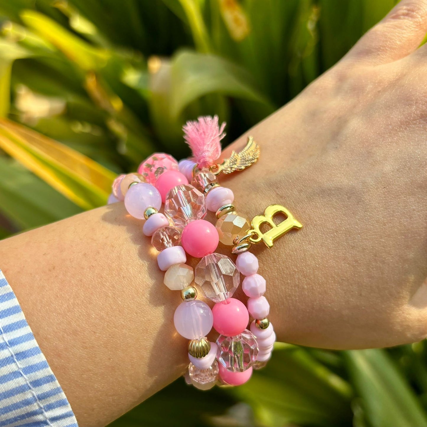 Pink Crystals Stack Elastic Bracelet With Customised Initial ( Silver )