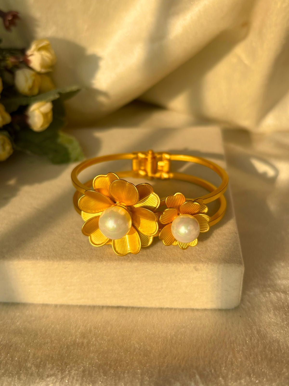 Ariana Real Bloomy Pearls Kada Bracelet Bangle - Gold