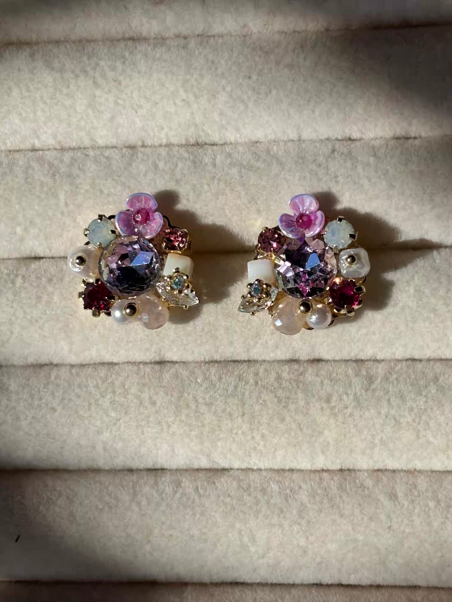 Purple Flower Pearly Earrings Studs - Gold Plated