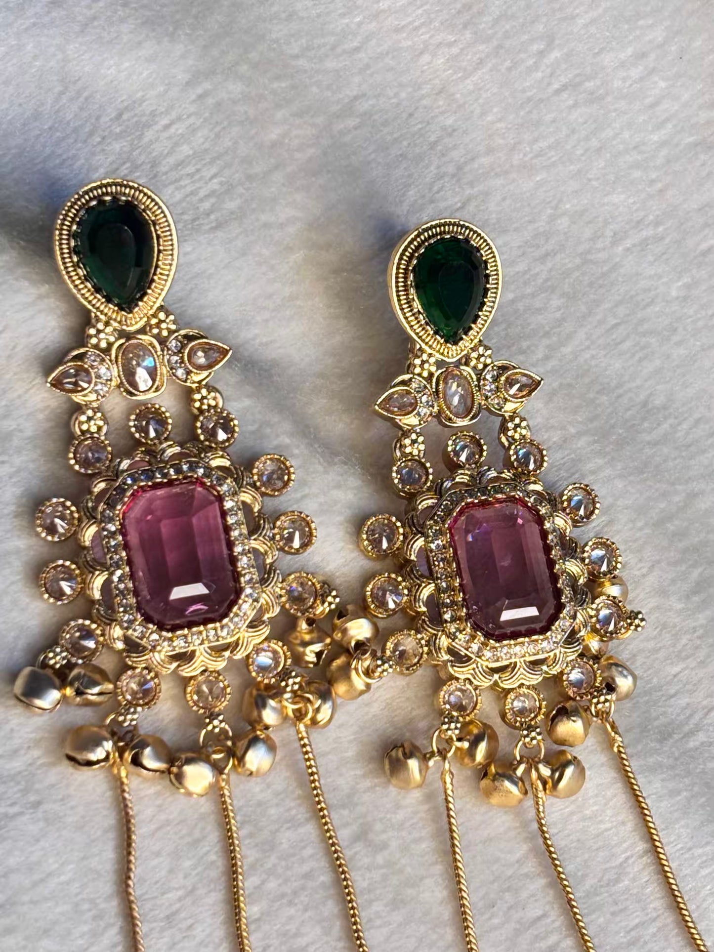 Pink Green Emerald Kashmiri Brass Premium Plated Ghungroo Earrings