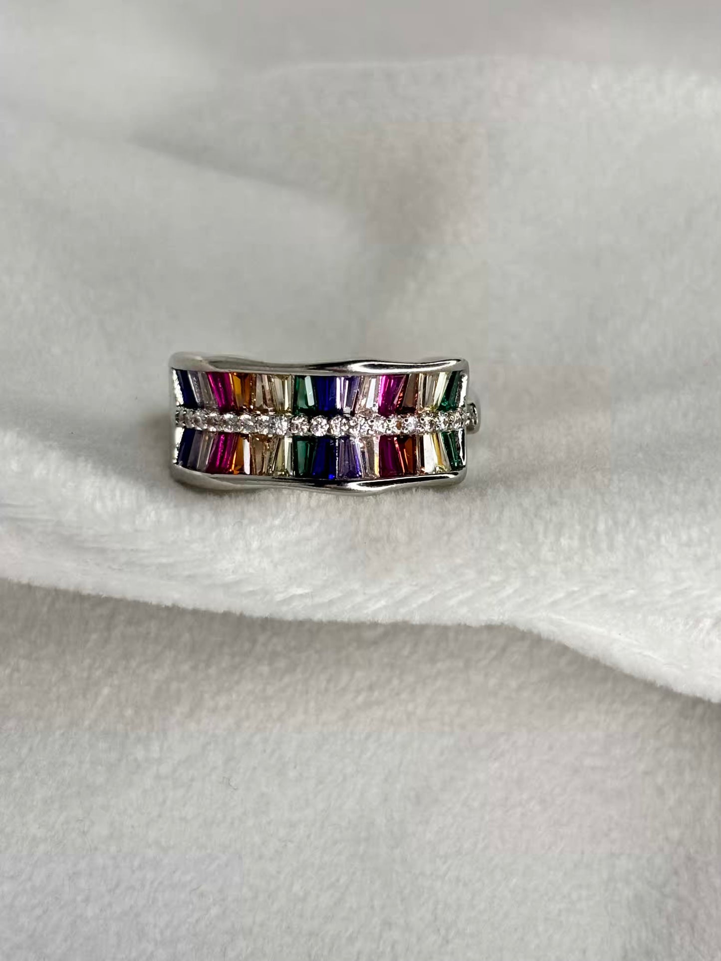 Multicoloured Diamonds Ring - Silver Plated Adjustable