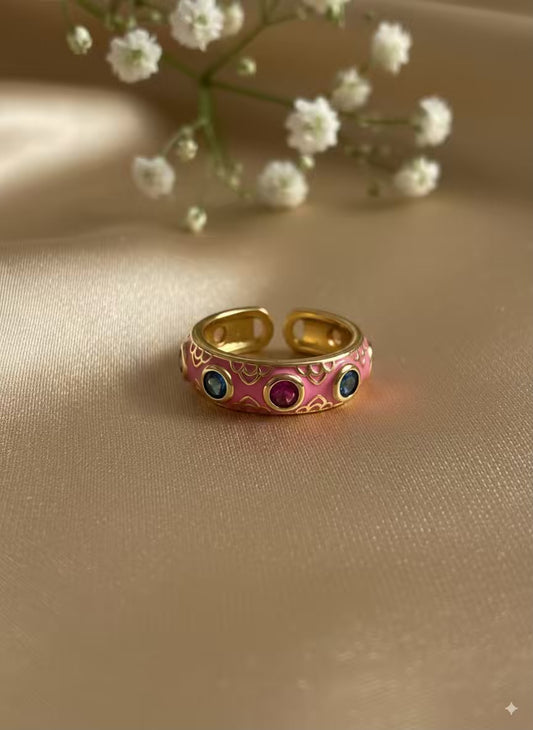 Pink Colourful Gold Plated Premium Ring (Adjustable)