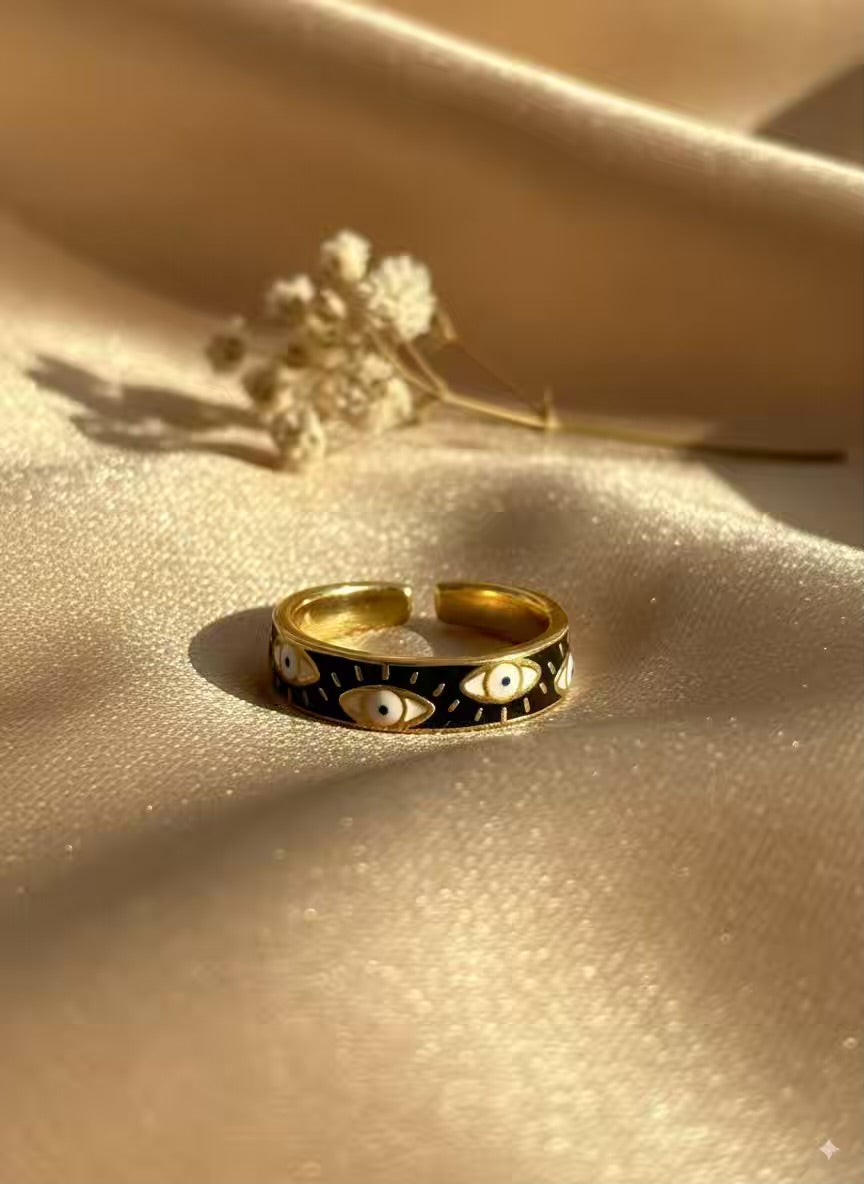 Black Evil Eye Gold Plated Premium Ring (Adjustable)