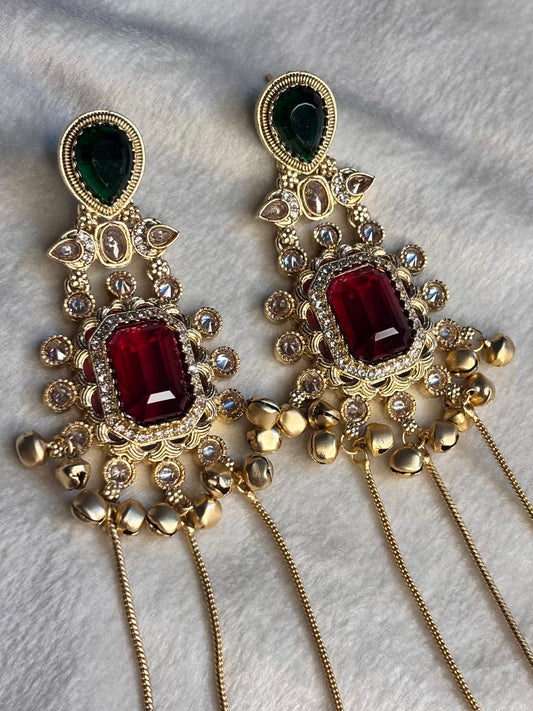 Green Red Ruby Kashmiri Brass Premium Plated Ghungroo Earrings