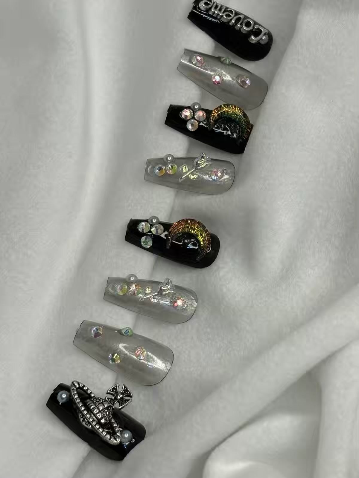 Black Grey Shimmery Fancy Party Bridal Press On Nails ( Set of 24 )