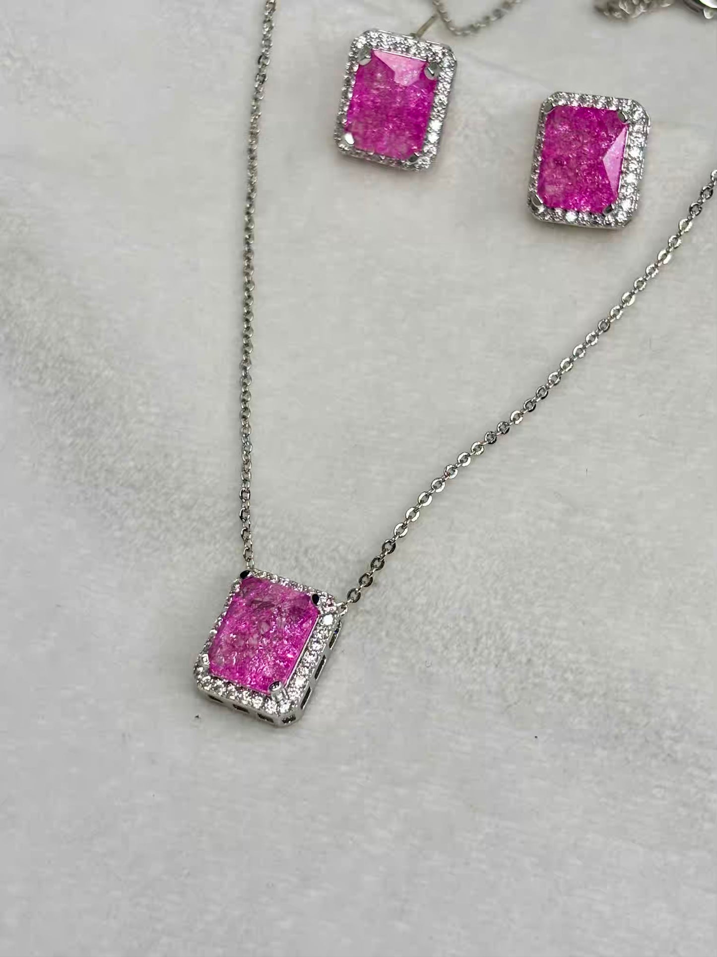 Fuschia Pink Milky Stones Diamond Necklace Ear Studs Set - Silver Plated