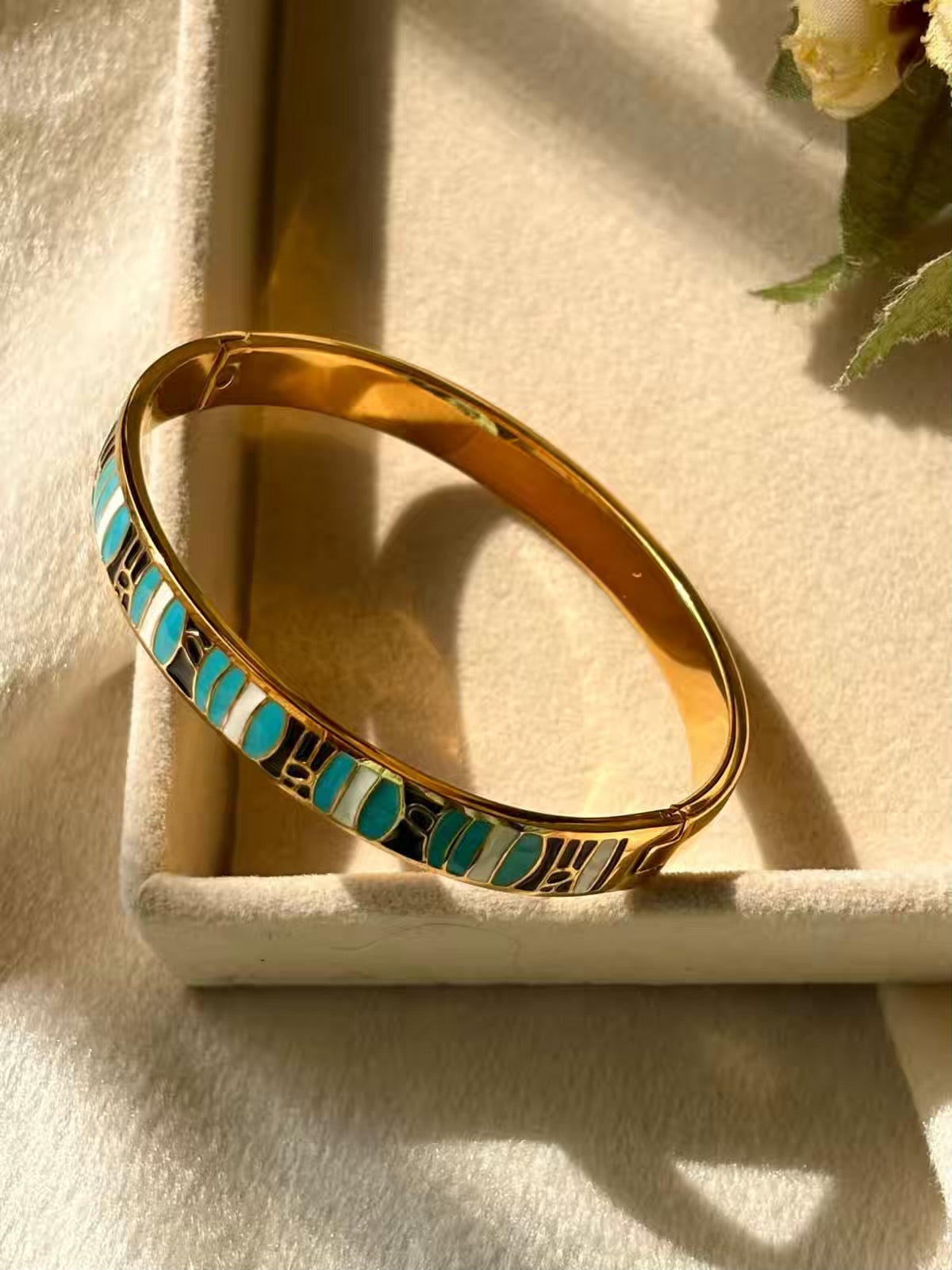 Geometric Turquoise Blue Kada Bracelet Bangle - 22k Gold Plated