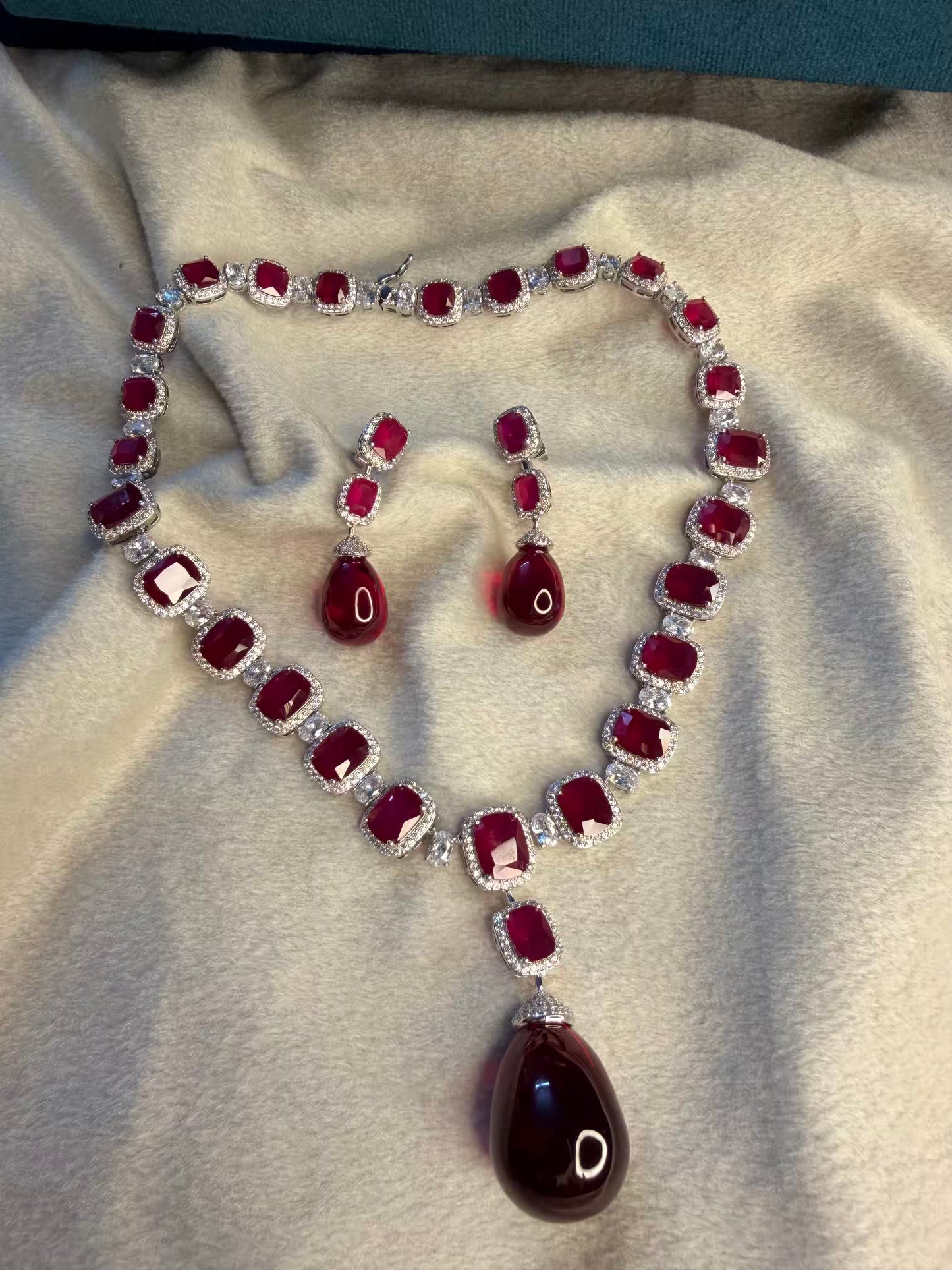 Nita Ambani Inspired Ruby 100 carats Replica Solitaire Rhodium Silver Necklace ( Open Delivery Available in Mumbai / Thane )( Prepaid / Partial COD )