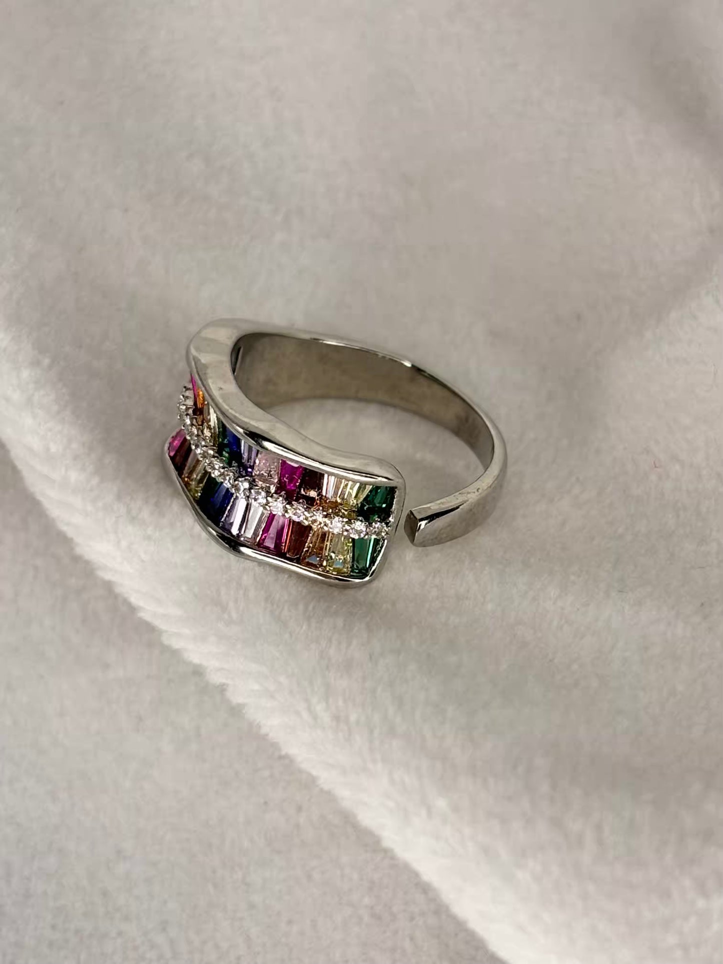 Multicoloured Diamonds Ring - Silver Plated Adjustable