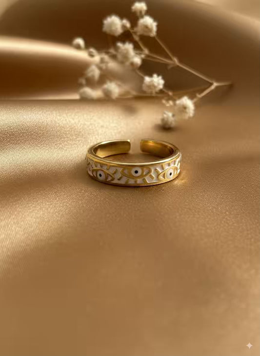 White Evil Eye Gold Plated Premium Ring (Adjustable)
