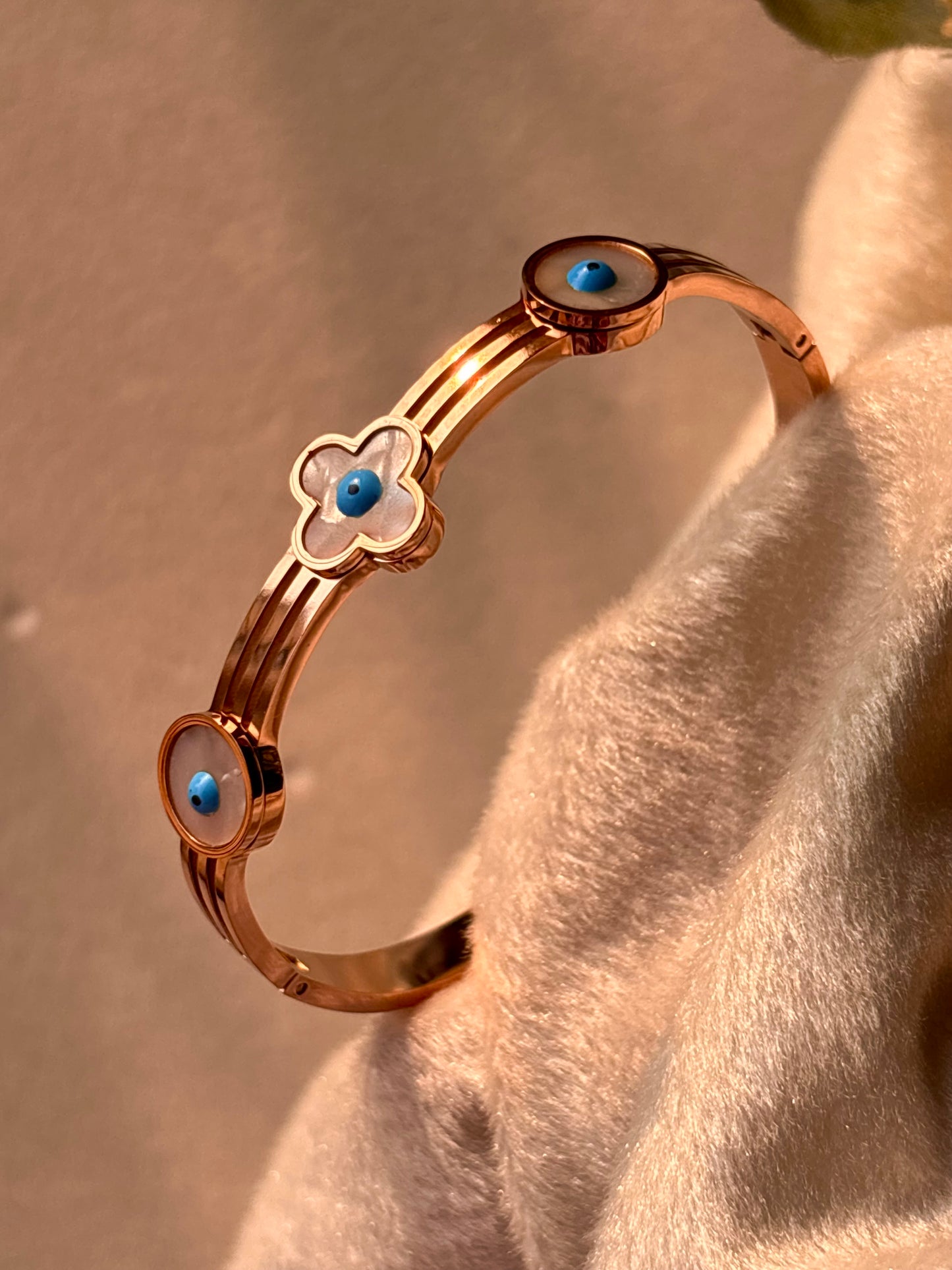 Clover Evil Eye Kada Bracelet Bangle - Rose Gold