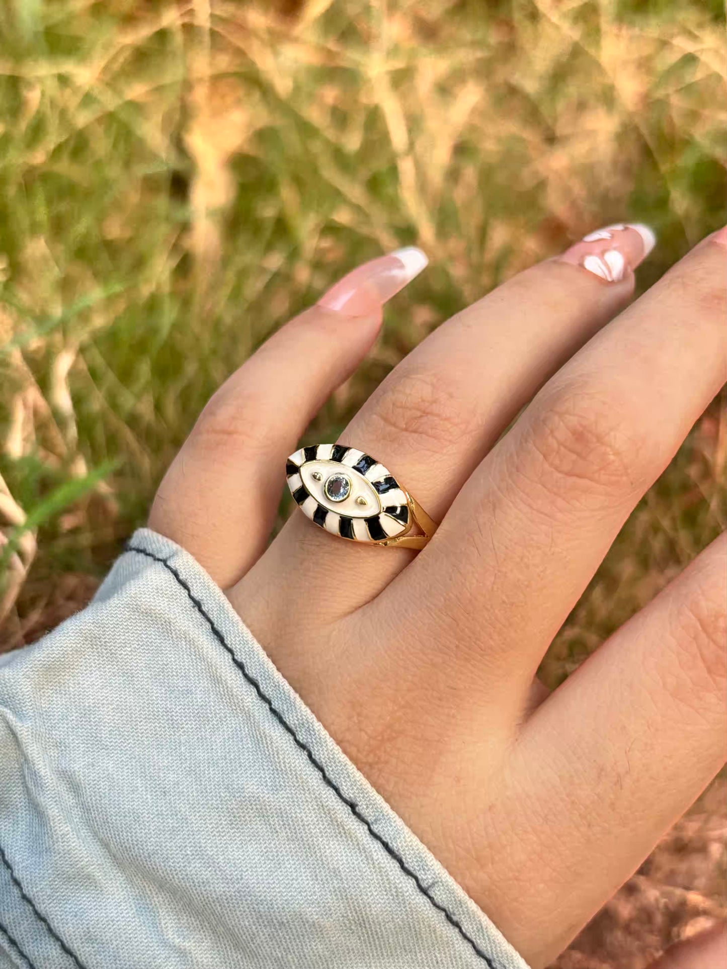 Zebra Evil Eye Nazar White Ring - Adjustable