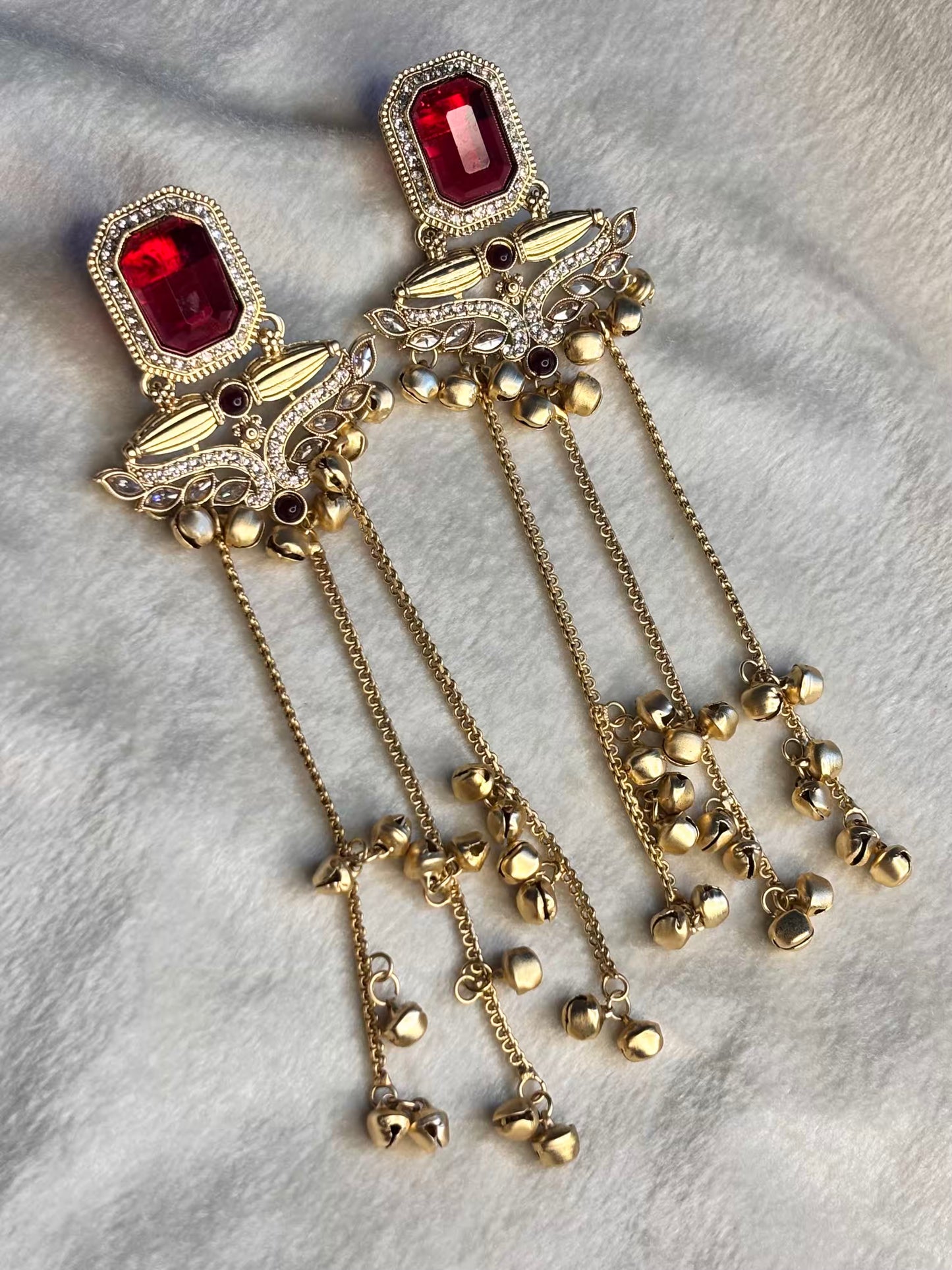 Red Ruby Sapphire Kashmiri Brass Premium Plated Ghungroo Earrings