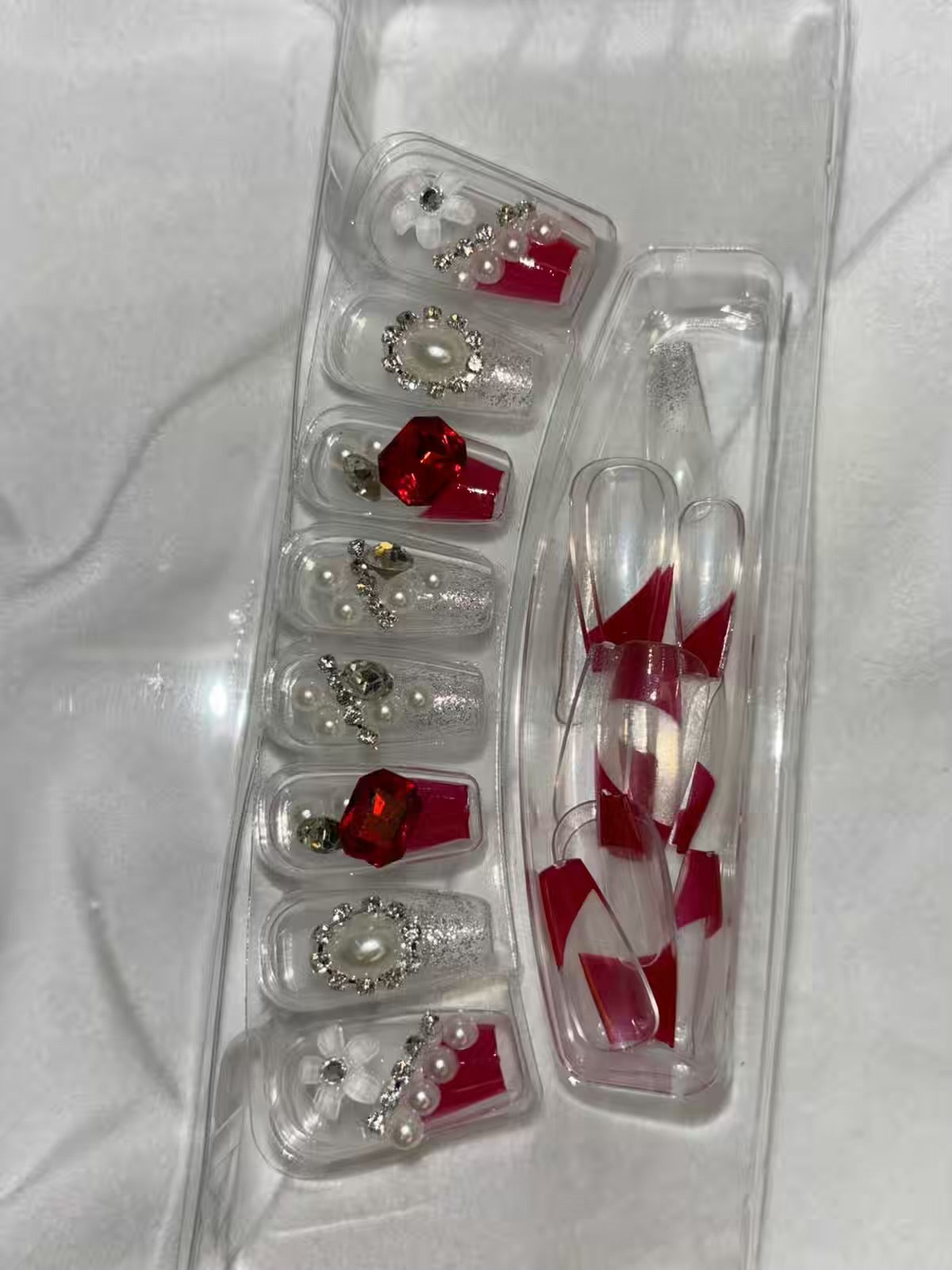 Transparent Red Ruby Stones Fancy Party Bridal Press On Nails ( Set of 24 )