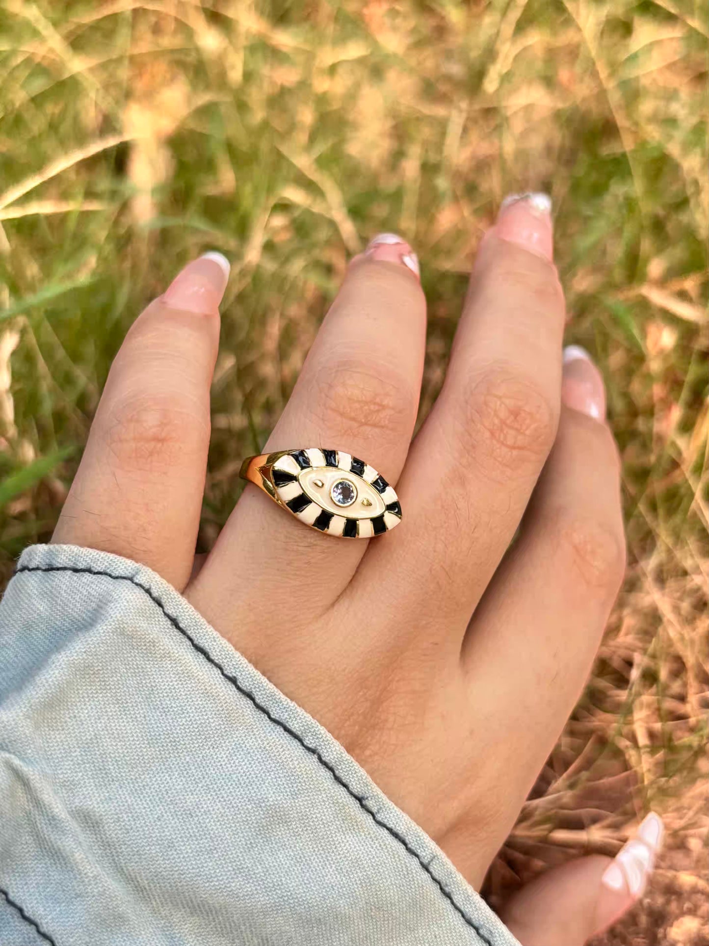 Zebra Evil Eye Nazar White Ring - Adjustable