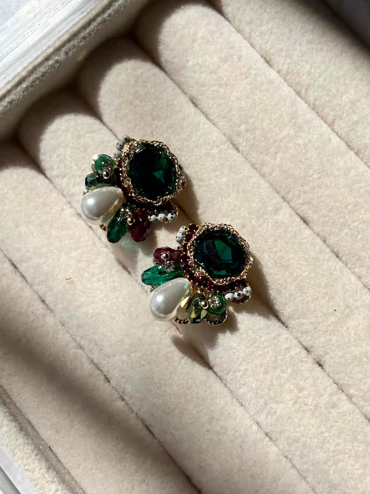 Emerald Studded Style Earrings - Gold Plated